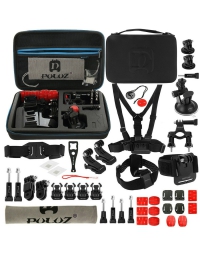 PULUZ 45 in 1  Ultieme Combo Kit, Inclusief EVA hoes (borstband Zuignap Houder , 3-wegs scharnierarmen J-haak houder etc